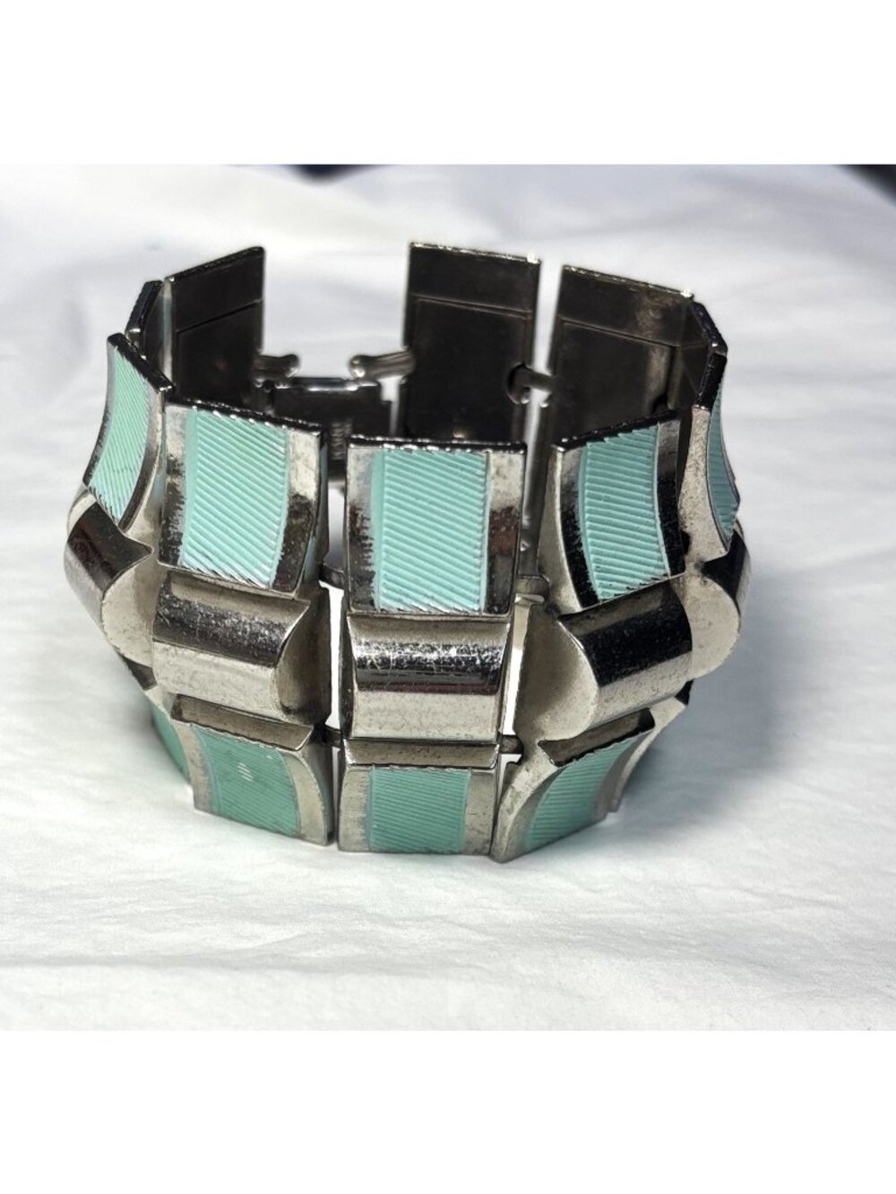 Vintage KARU ARKE Bracelet Silver Tone &  Blue 7.25" x 1.75"  Retro